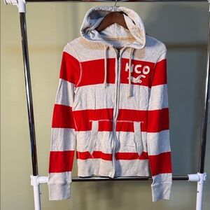 Y2K Hollister Red and Gray Striped Zip-Up Sweater